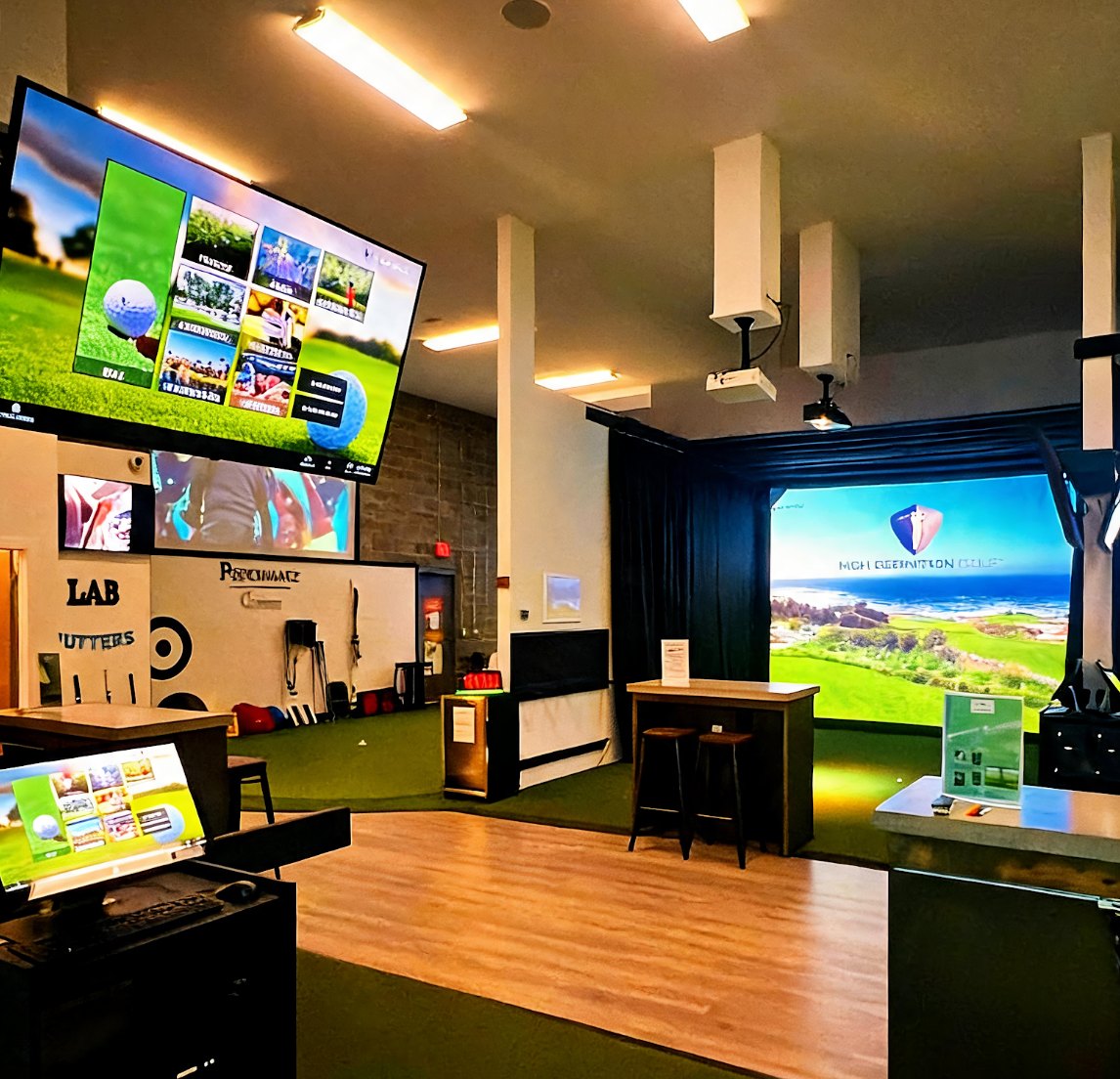 The full Full Circle Golf facility with simulator bay and Performance Center